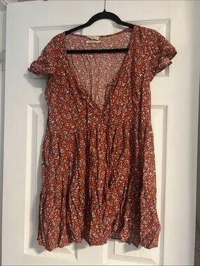 Urban Outfitters| Rust Floral Midi Dress with Blue and White Blossoms